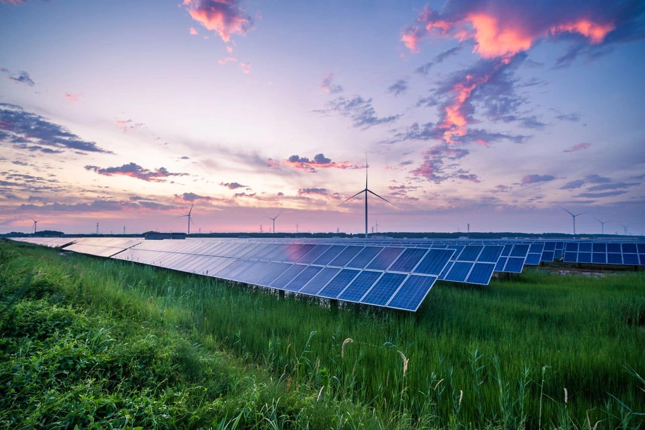 Solar farm and wind turbines at sunset