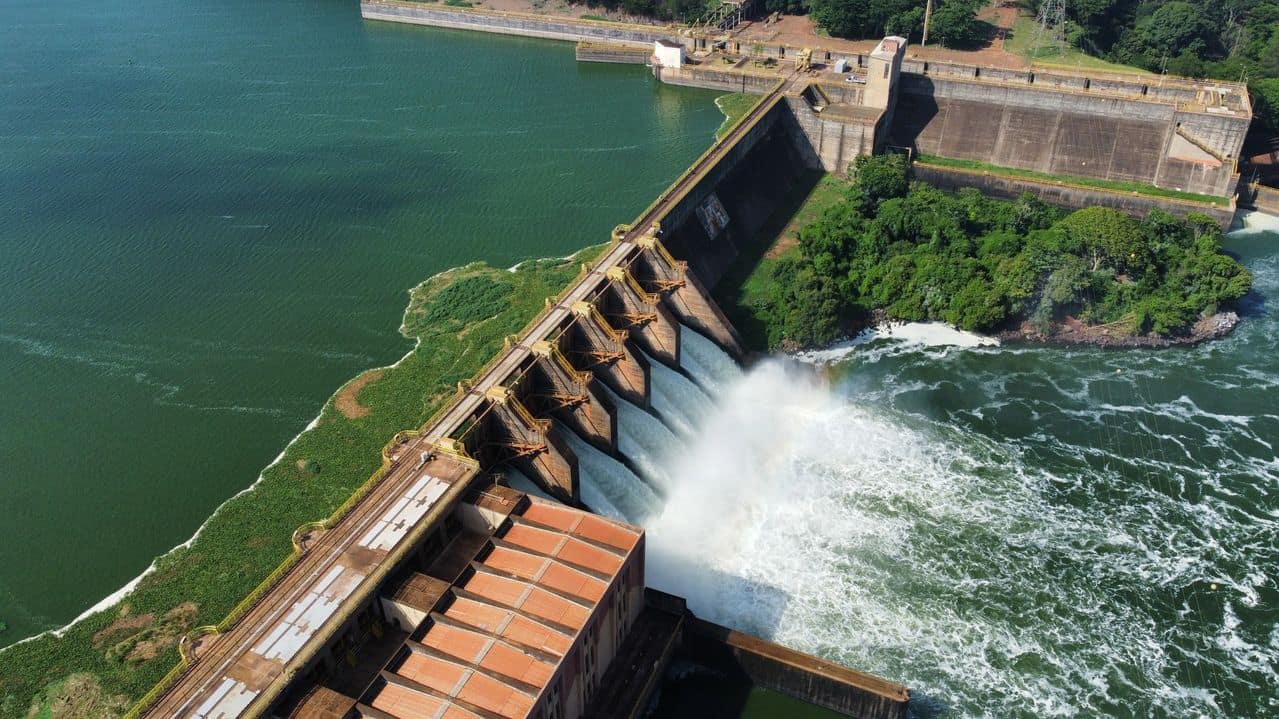 Hydroelectric dam spillways photographed from above