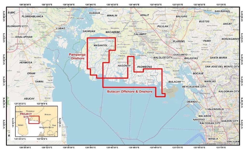 Project site map covering Pampanga onshore and Bulacan offshore and onshore zones